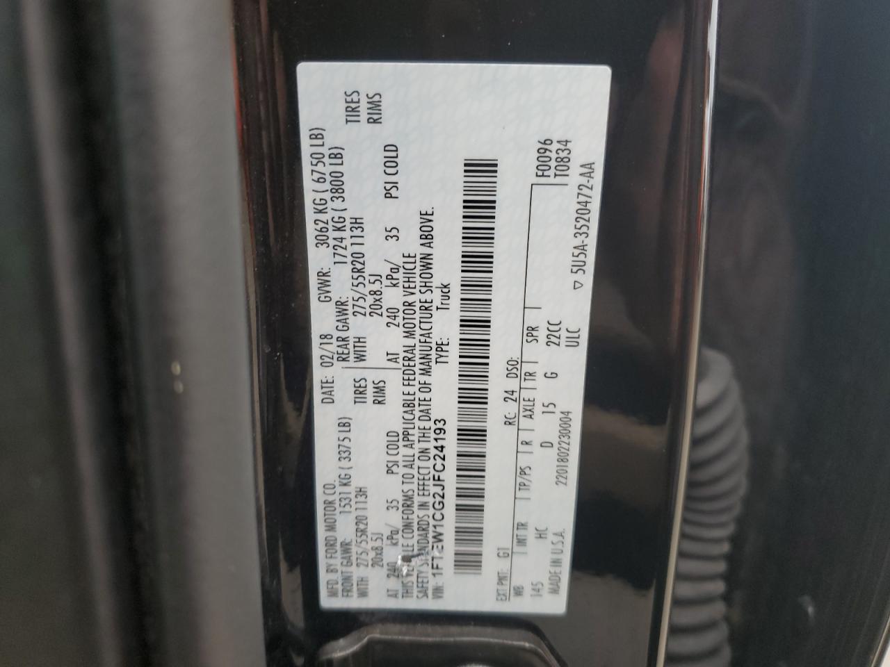 2018 Ford F-150 VIN 1FTEW1CG2JFC24193 Copart auction photo, water/flood damage thumbnail 13