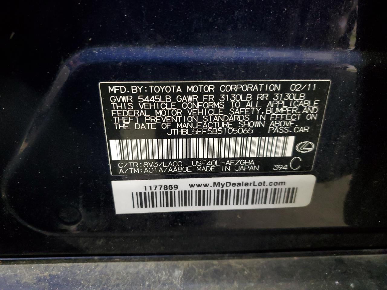 2011 Lexus LS VIN JTHBL5EF5B5105065 Copart auction photo, mechanical damage thumbnail 12