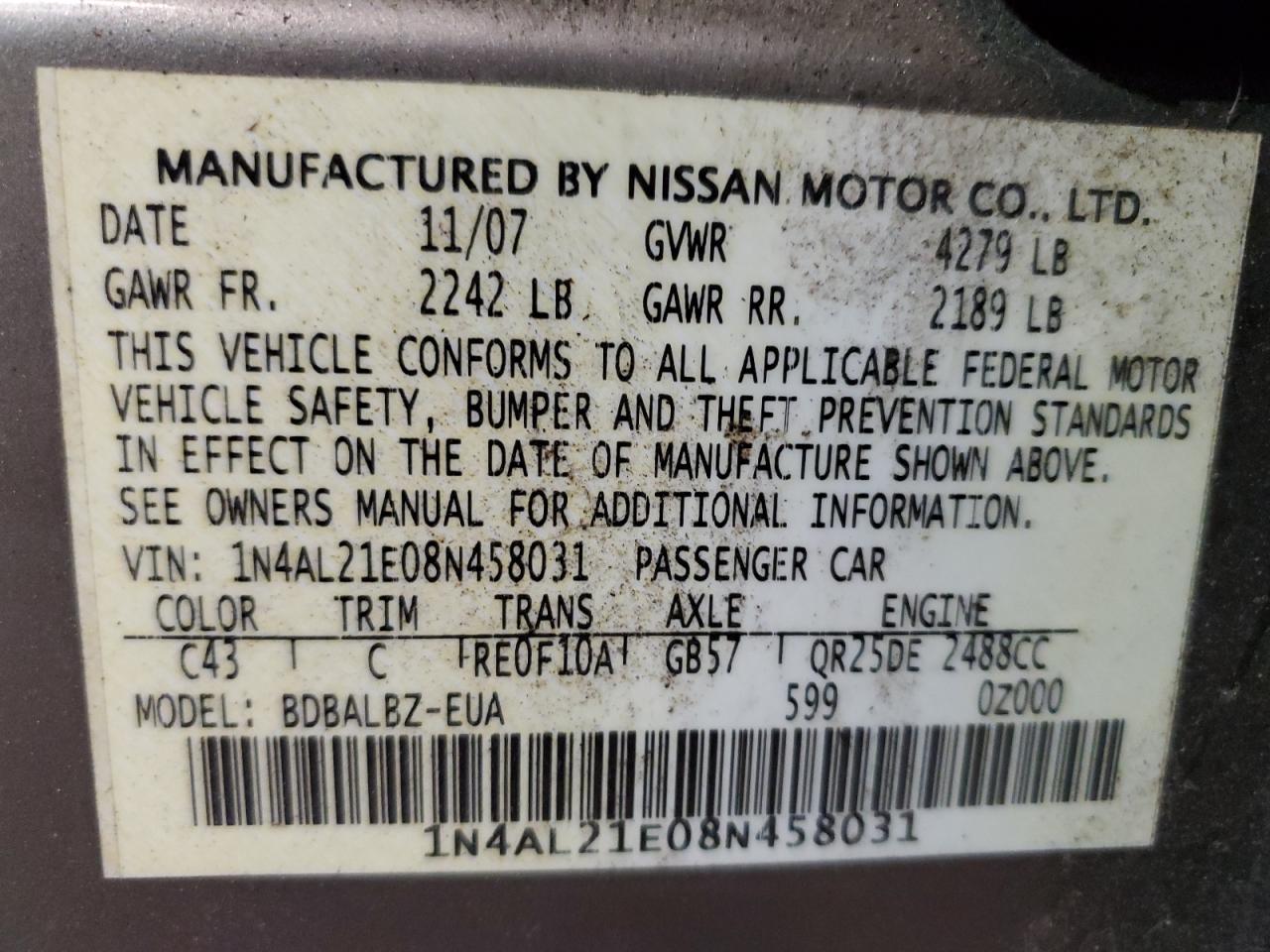 2008 Nissan Altima VIN 1N4AL21E08N458031 Copart auction photo, front end / minor dent/scratches damage thumbnail 12