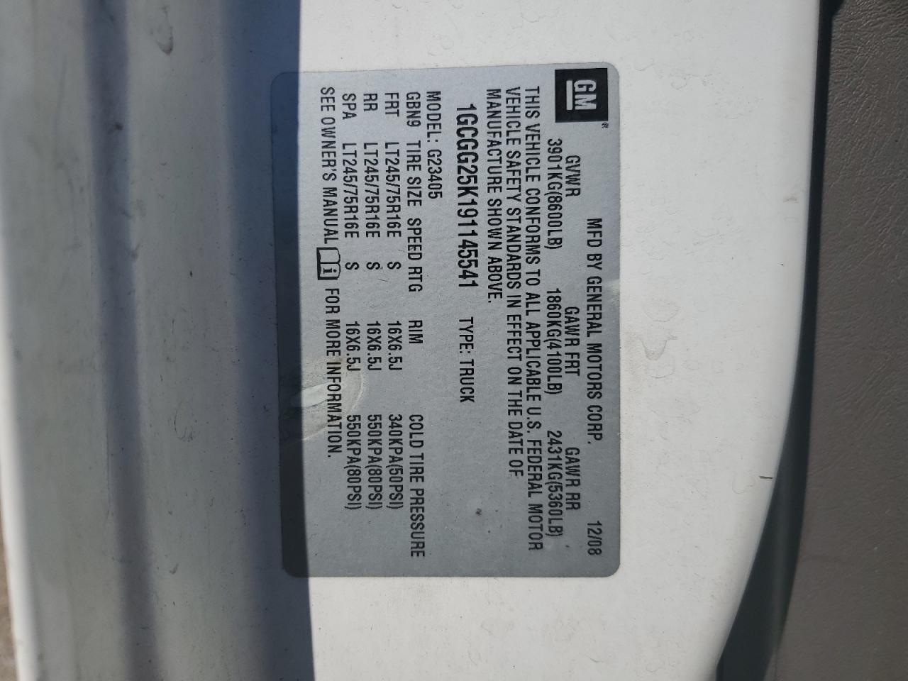 2009 Chevrolet Express VIN 1GCGG25K191145541 Copart auction photo, front end / side damage thumbnail 15