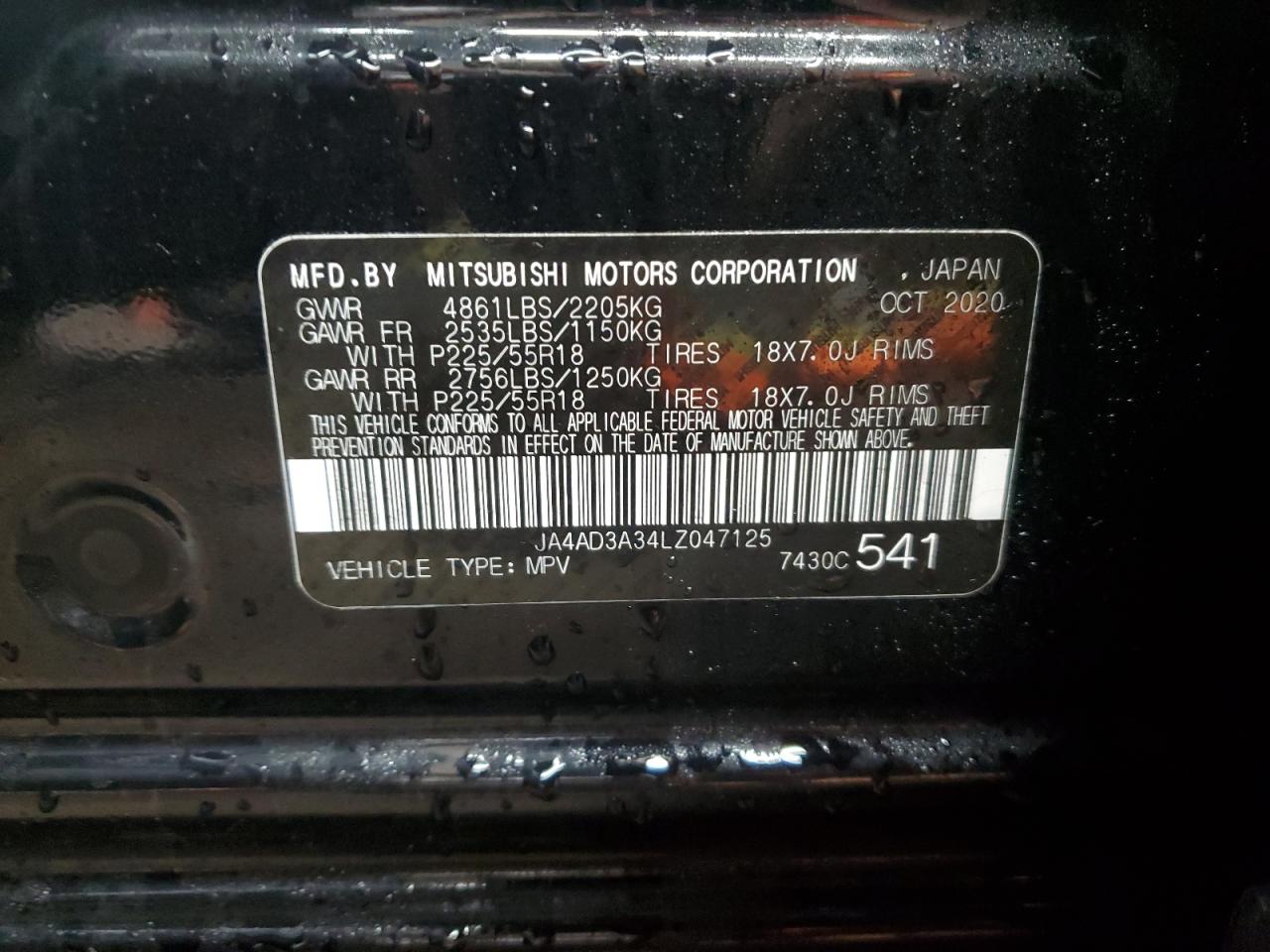 2020 Mitsubishi Outlander VIN JA4AD3A34LZ047125 Copart auction photo, front end damage thumbnail 12