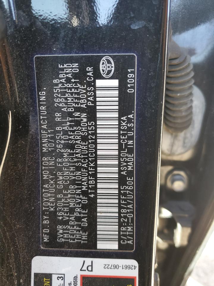 2012 Toyota Camry VIN 4T1BF1FK1CU012155 Copart auction photo, all over damage thumbnail 12