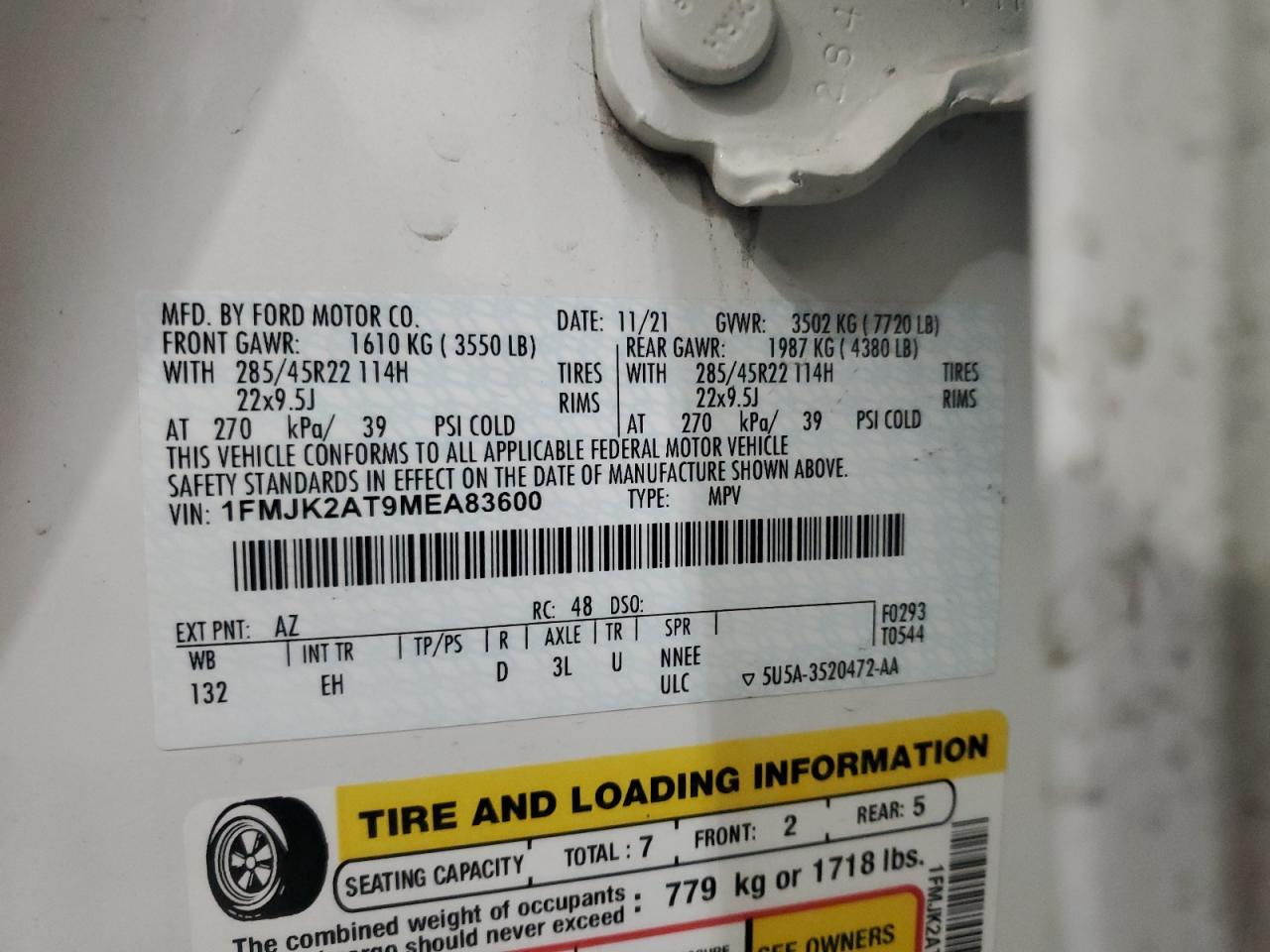 2021 Ford Expedition VIN 1FMJK2AT9MEA83600 Copart auction photo, front end damage thumbnail 13
