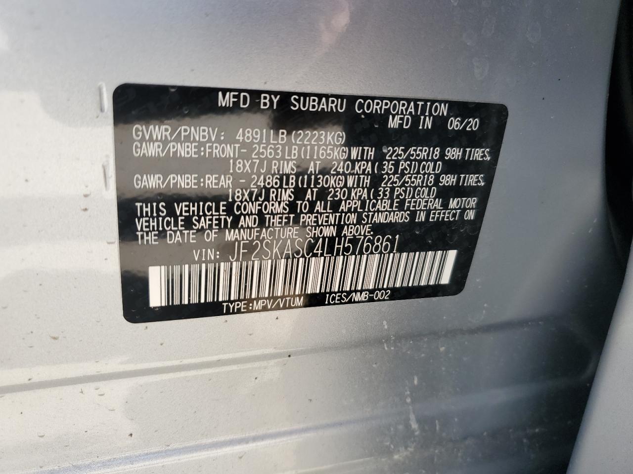 2020 Subaru Forester VIN JF2SKASC4LH576861 Copart auction photo, side / minor dent/scratches damage thumbnail 15