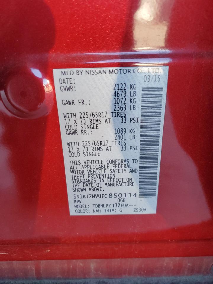 2015 Nissan Rogue VIN 5N1AT2MV0FC850114 Copart auction photo, rear end / side damage thumbnail 13