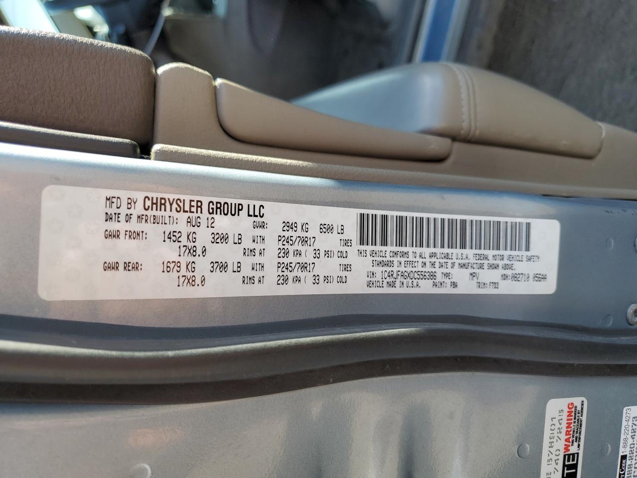 2013 Jeep Grand Cherokee VIN 1C4RJFAGXDC556386 Copart auction photo, front end / rear end damage thumbnail 13