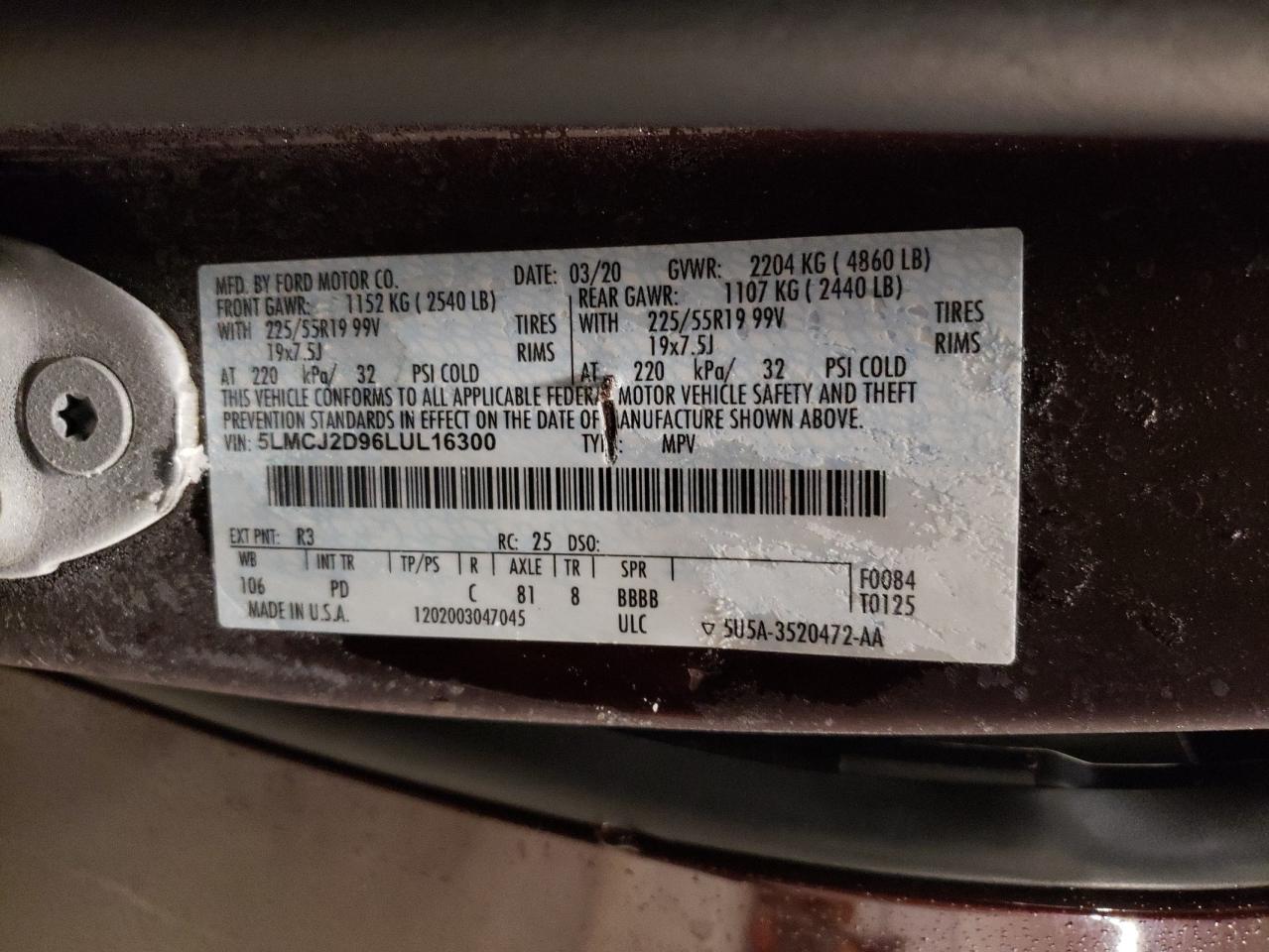 2020 Lincoln Corsair VIN 5LMCJ2D96LUL16300 Copart auction photo, front end / side damage thumbnail 14