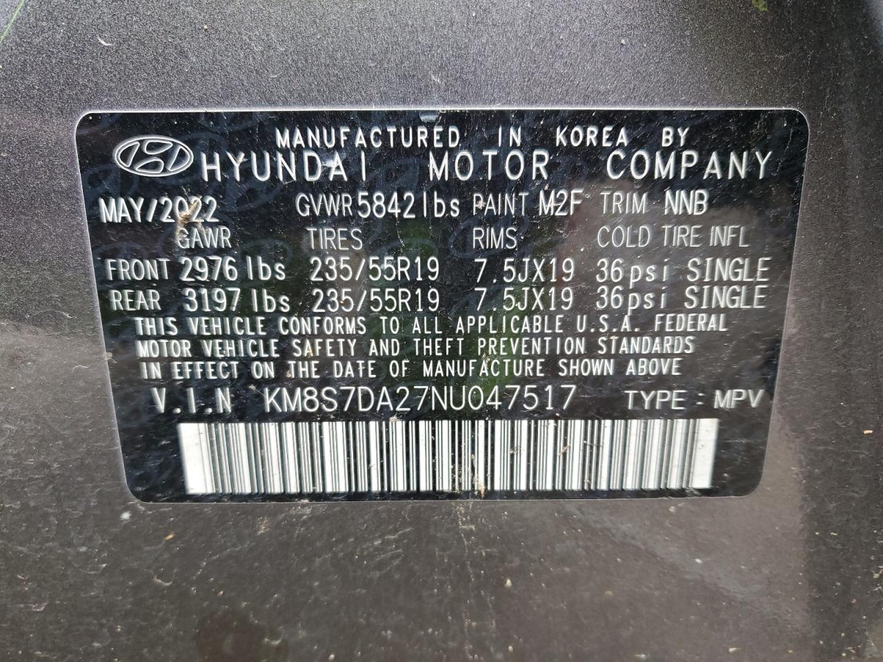 2022 Hyundai Santa Fe VIN KM8S7DA27NU047517 Copart auction photo, all over damage thumbnail 14