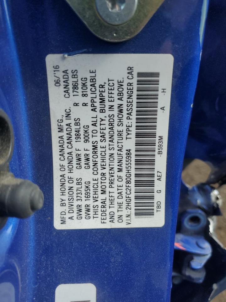 2016 Honda Civic VIN 2HGFC2F80GH555984 Copart auction photo, side / rear end damage thumbnail 12