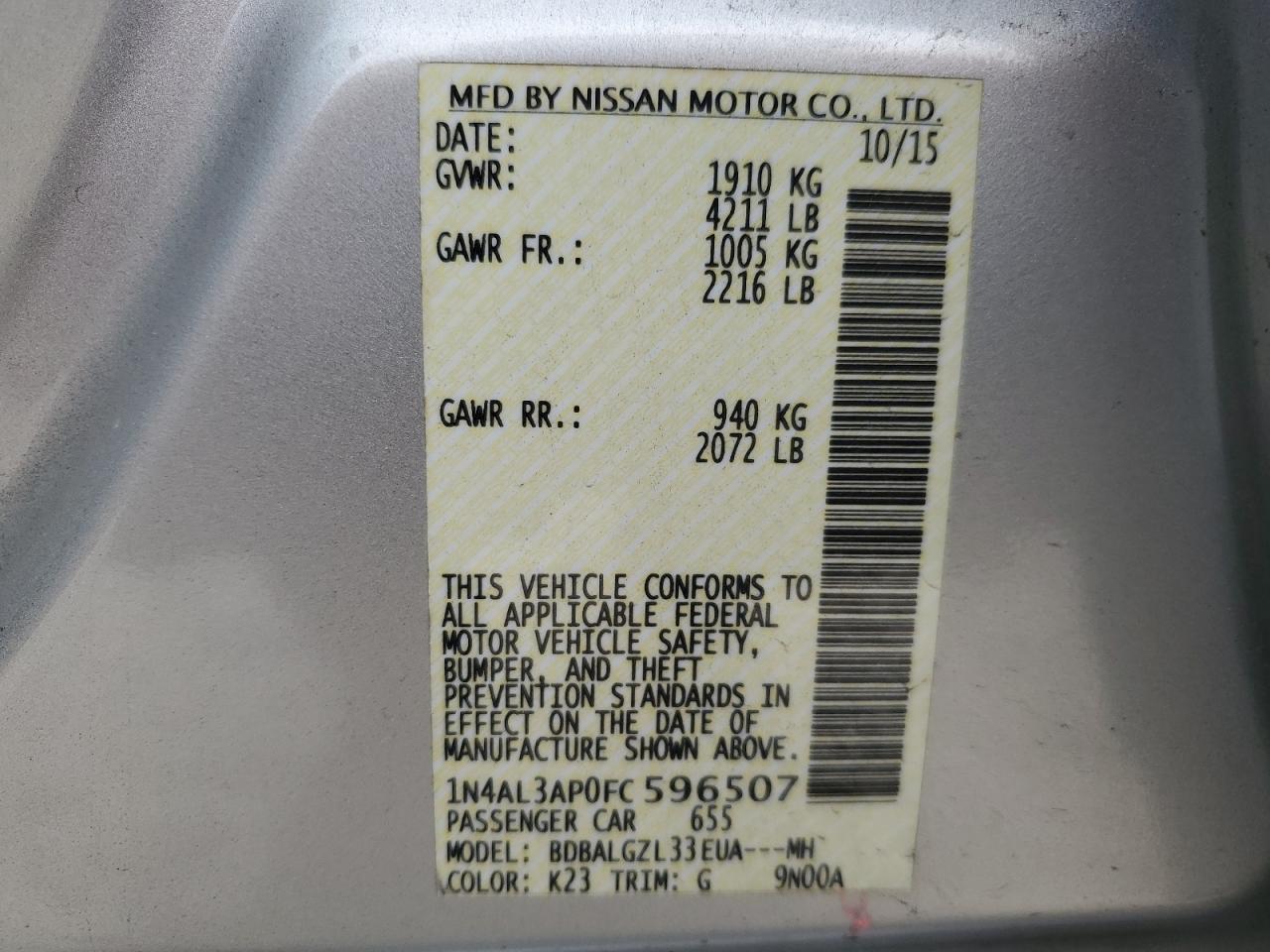 2015 Nissan Altima VIN 1N4AL3AP0FC596507 Copart auction photo, minor dent/scratches damage thumbnail 12