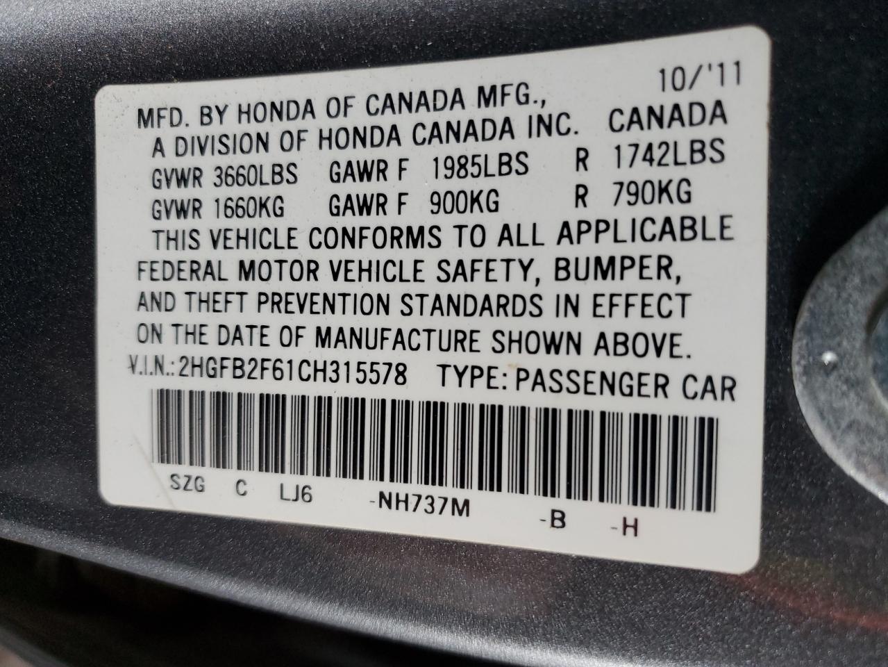 2012 Honda Civic VIN 2HGFB2F61CH315578 Copart auction photo, minor dent/scratches damage thumbnail 12