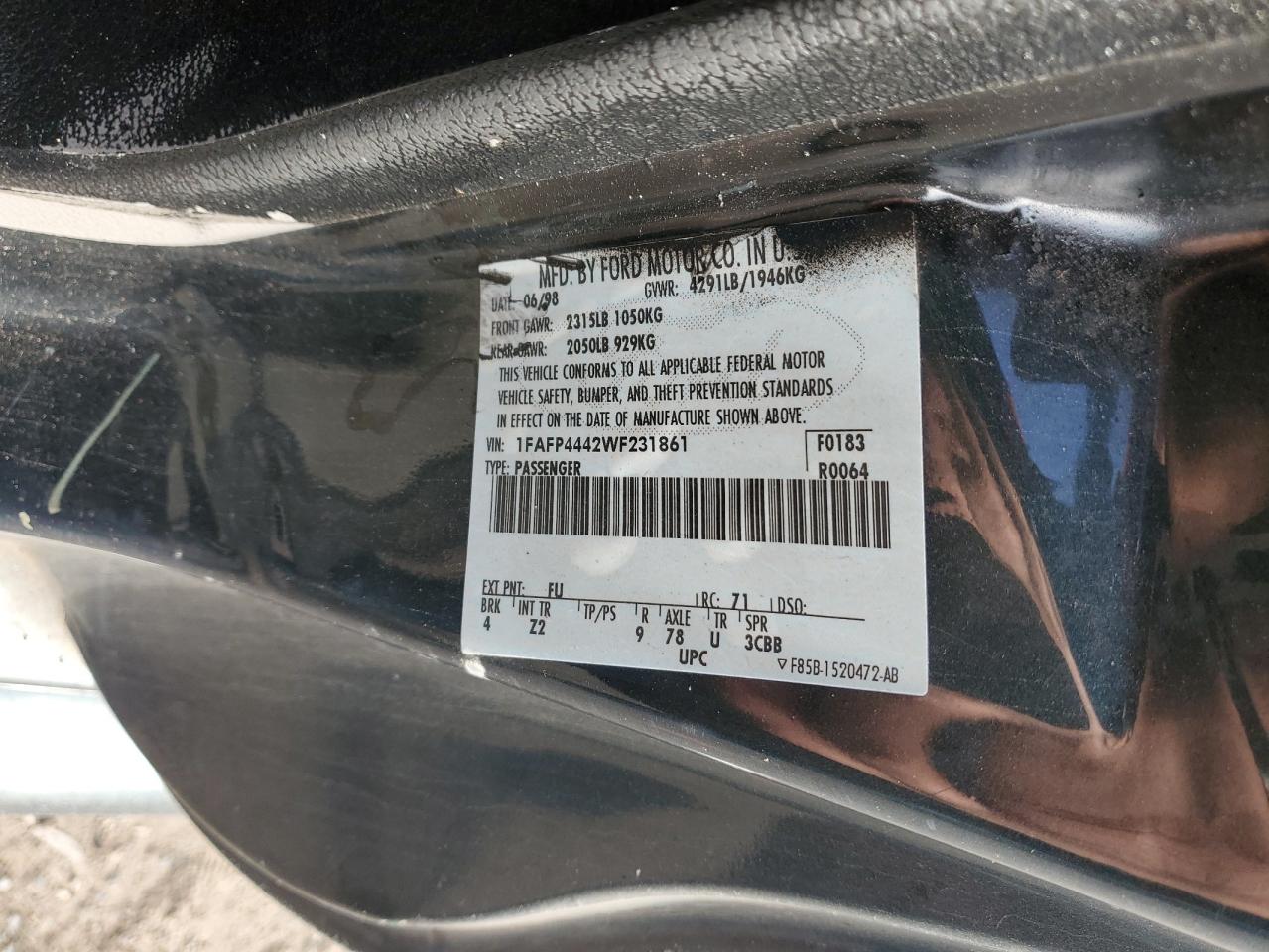 1998 Ford Mustang VIN 1FAFP4442WF231861 Copart auction photo, front end damage thumbnail 12