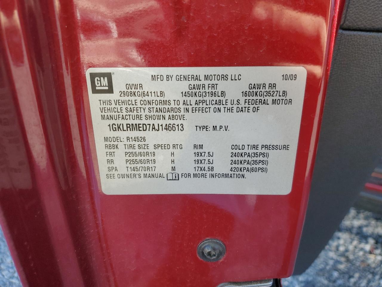 2010 GMC Acadia VIN 1GKLRMED7AJ146613 Copart auction photo, rear end damage thumbnail 15