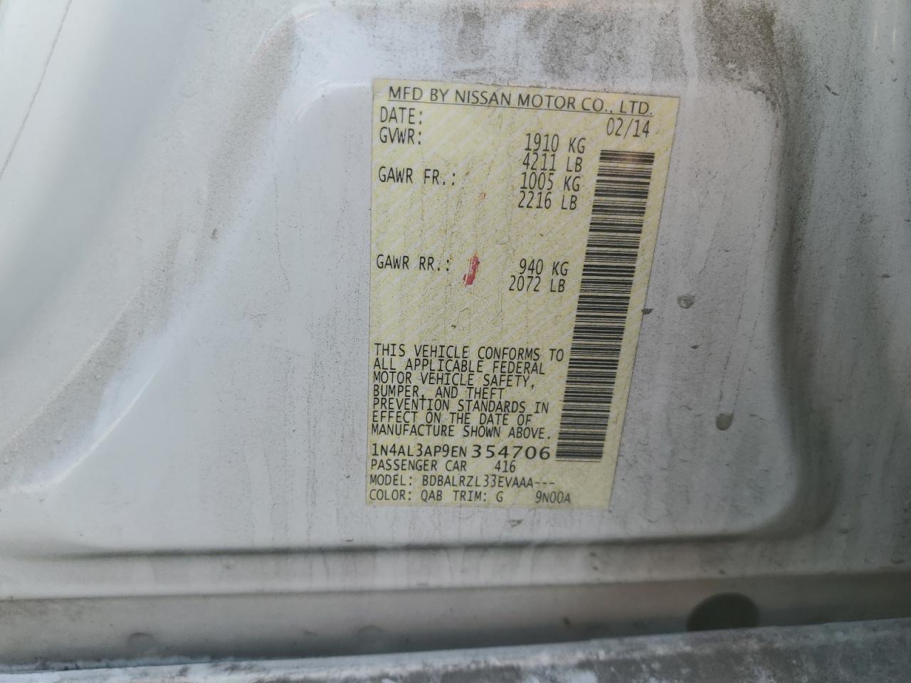 2014 Nissan Altima VIN 1N4AL3AP9EN354706 Copart auction photo, front end damage thumbnail 14