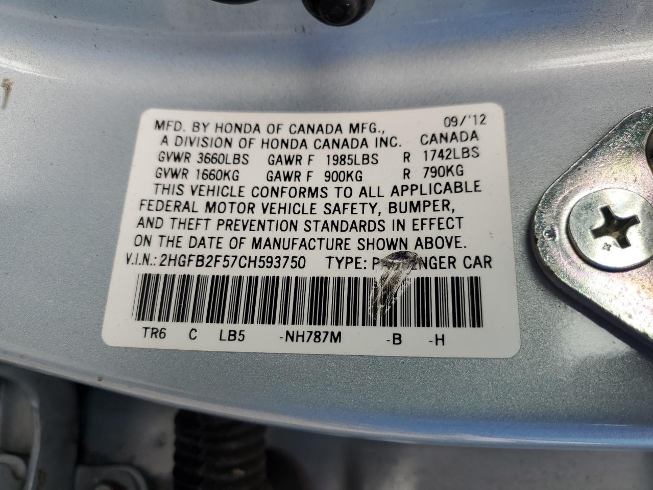 2012 Honda Civic VIN 2HGFB2F57CH593750 Copart auction photo, water/flood damage thumbnail 13