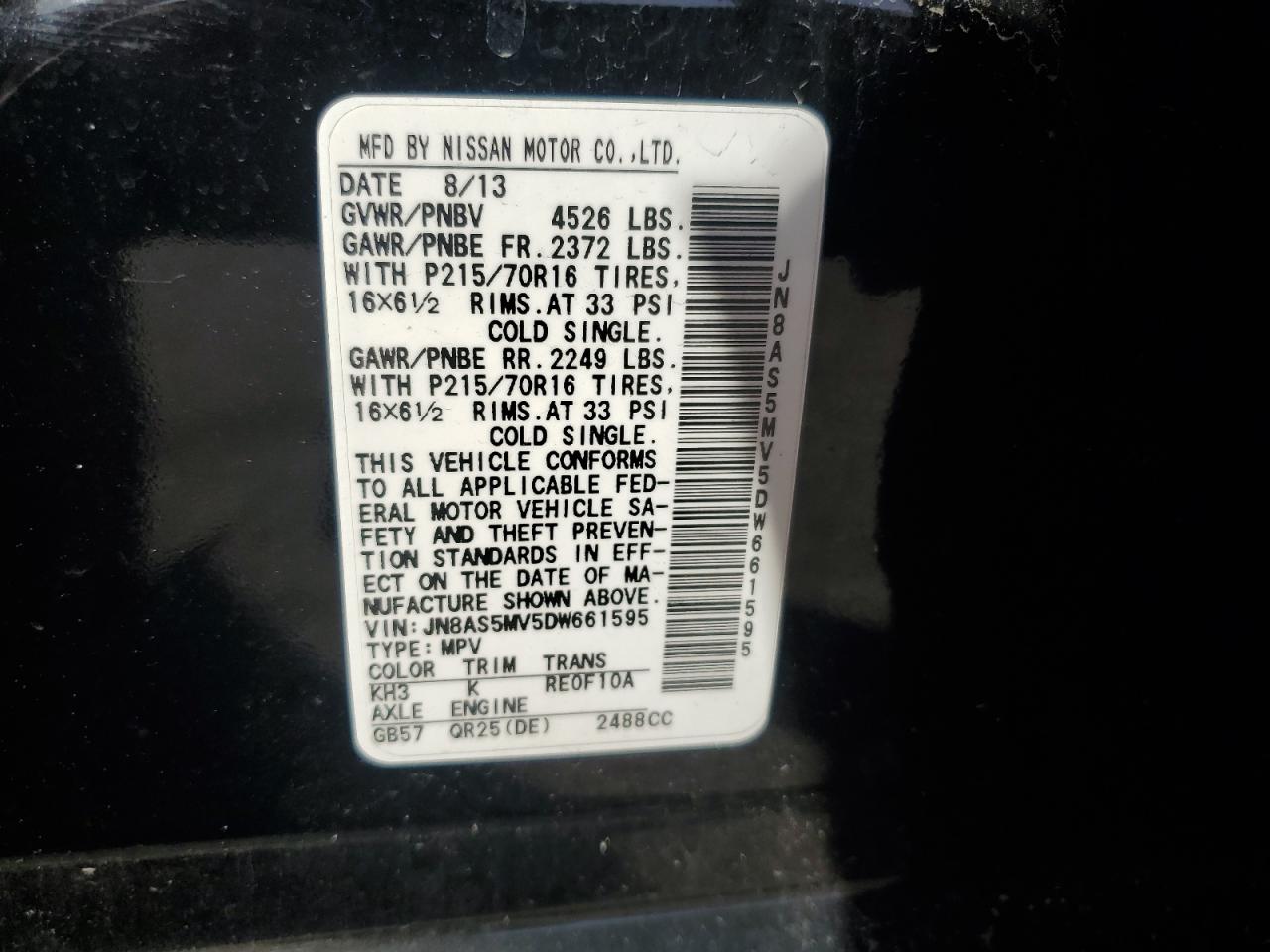 2013 Nissan Rogue VIN JN8AS5MV5DW661595 Copart auction photo, front end / side damage thumbnail 15