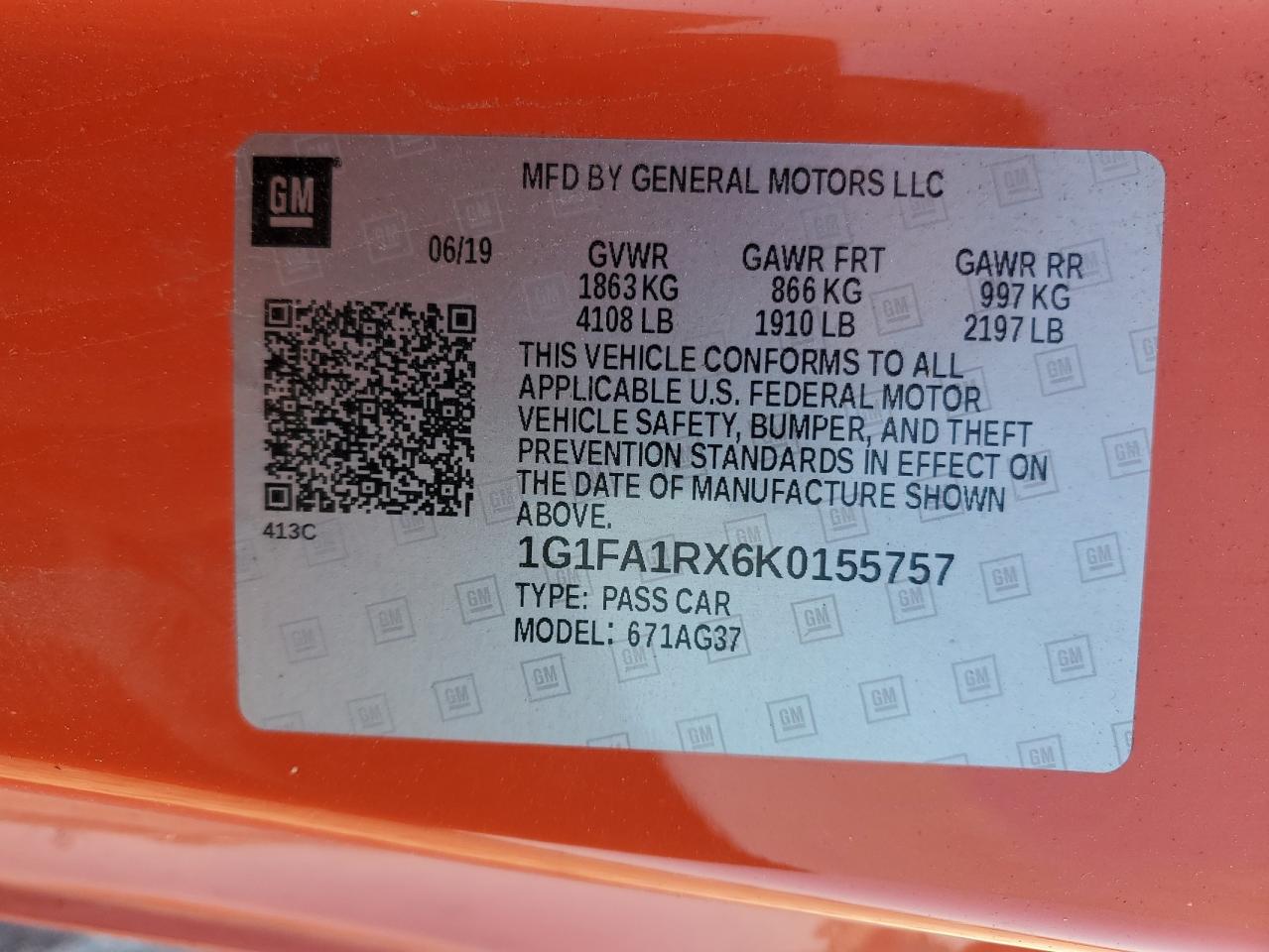2019 Chevrolet Camaro VIN 1G1FA1RX6K0155757 Copart auction photo, rear end damage thumbnail 12