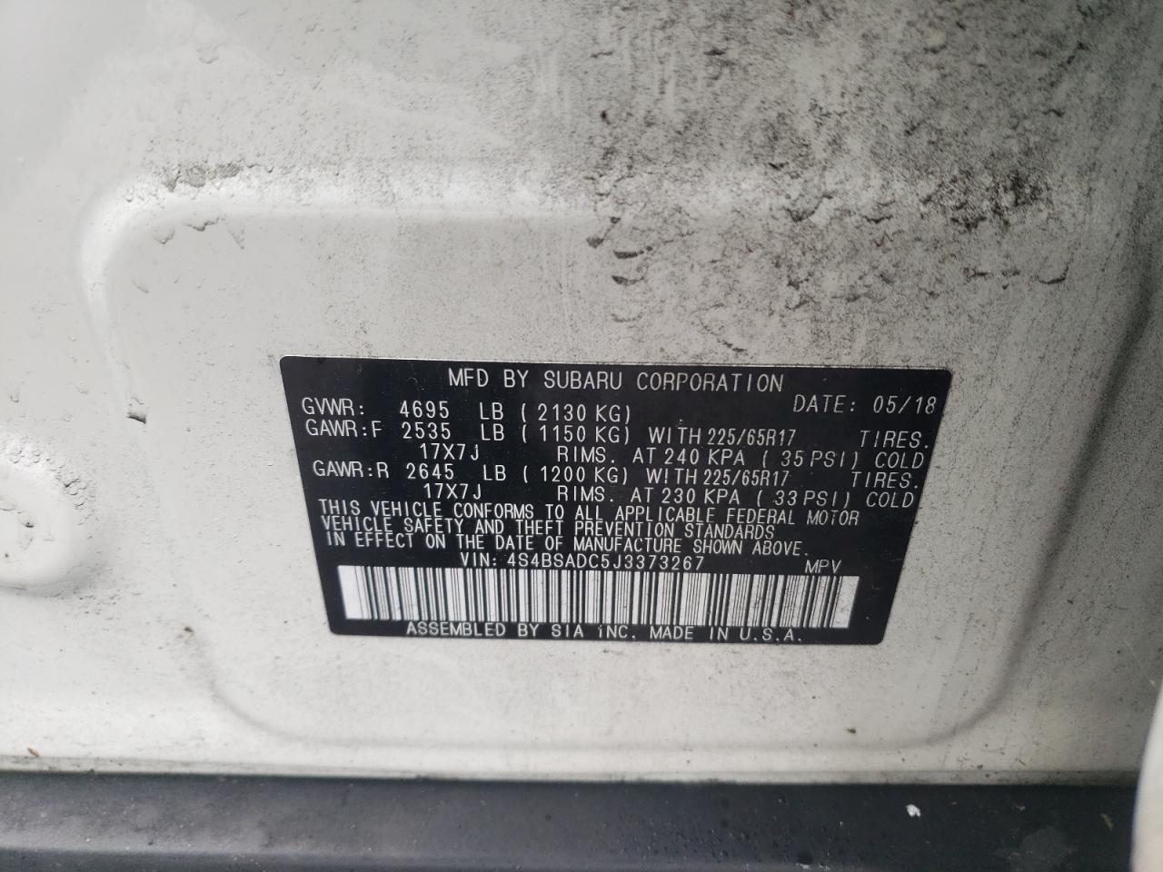 2018 Subaru Outback VIN 4S4BSADC5J3373267 Copart auction photo, vandalism / minor dent/scratches damage thumbnail 13