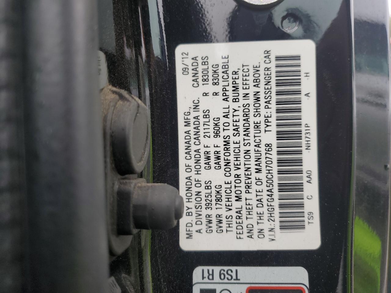 2012 Honda Civic VIN 2HGFG4A50CH707768 Copart auction photo, burn damage thumbnail 12