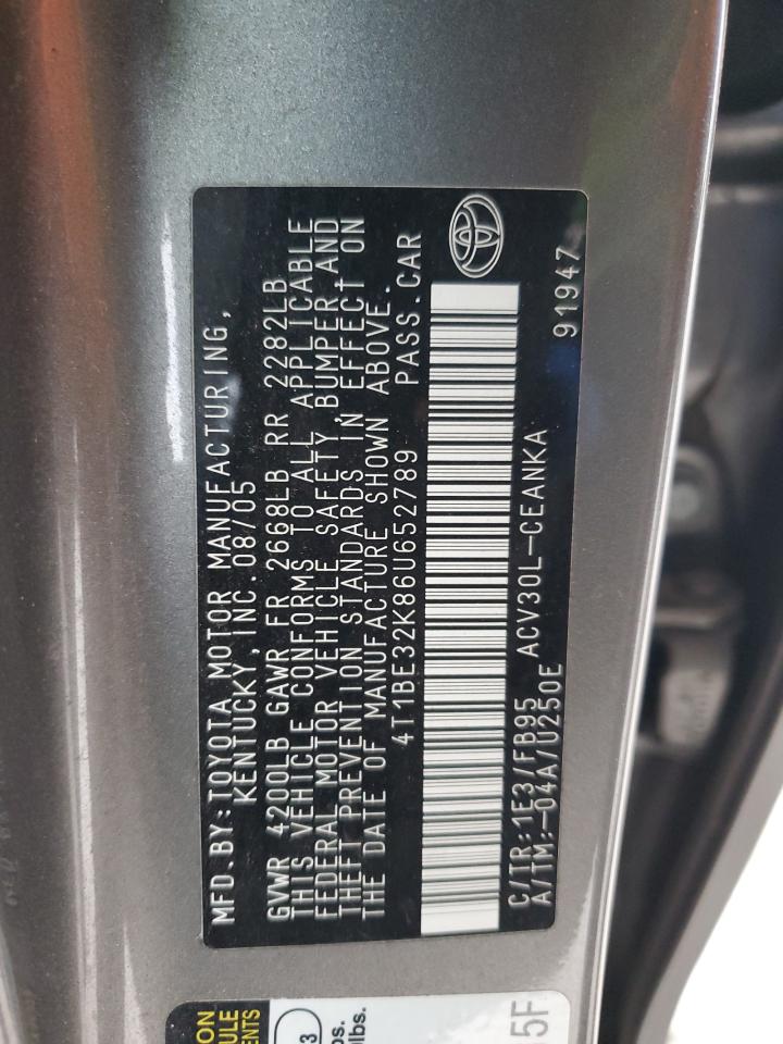 2006 Toyota Camry VIN 4T1BE32K86U652789 Copart auction photo, front end / rear end damage thumbnail 12