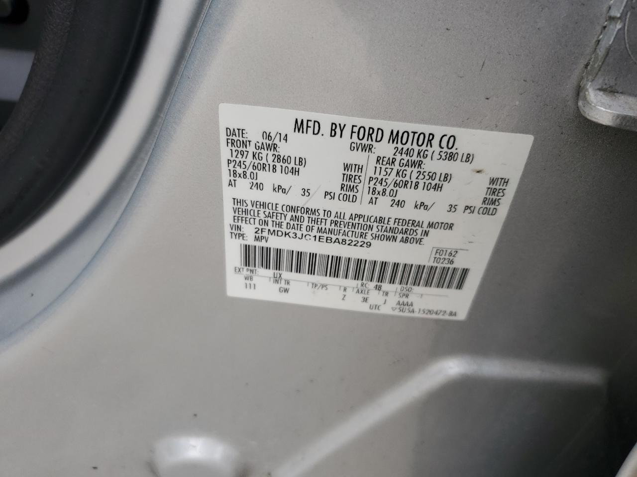 2014 Ford Edge VIN 2FMDK3JC1EBA82229 Copart auction photo, front end / minor dent/scratches damage thumbnail 12
