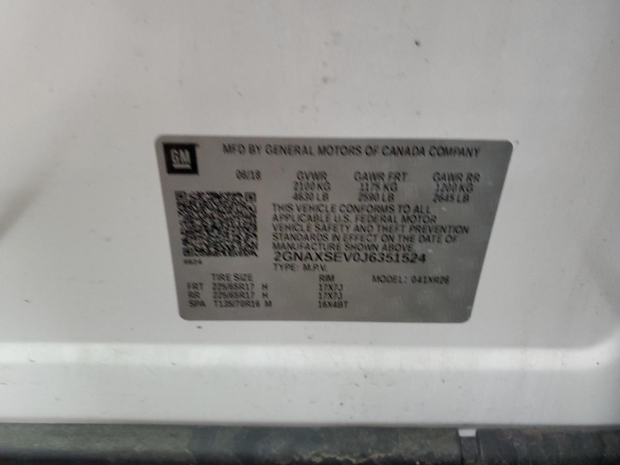2018 Chevrolet Equinox VIN 2GNAXSEV0J6351524 Copart auction photo, front end damage thumbnail 13