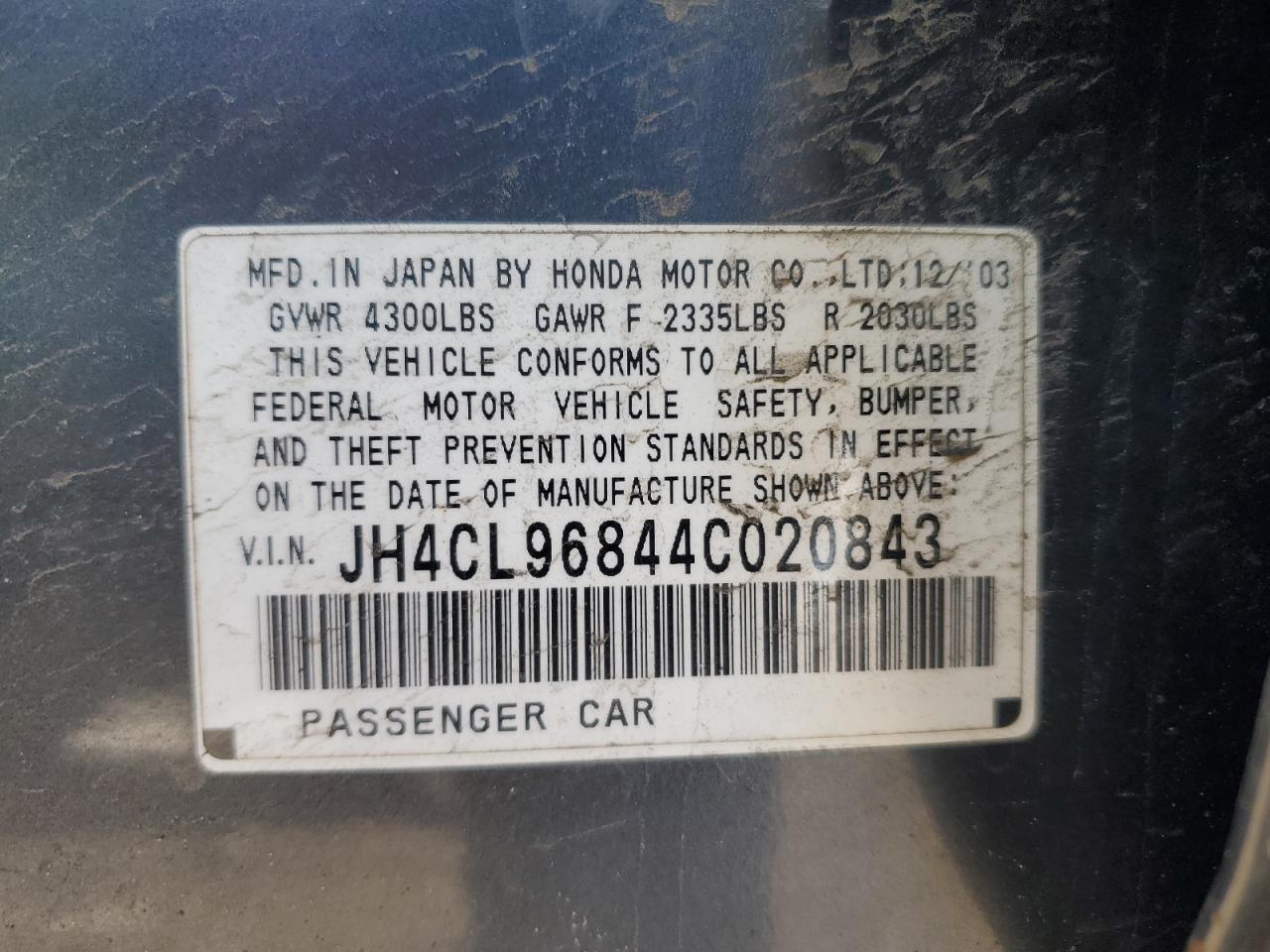 2004 Acura TSX VIN JH4CL96844C020843 Copart auction photo, front end / minor dent/scratches damage thumbnail 12