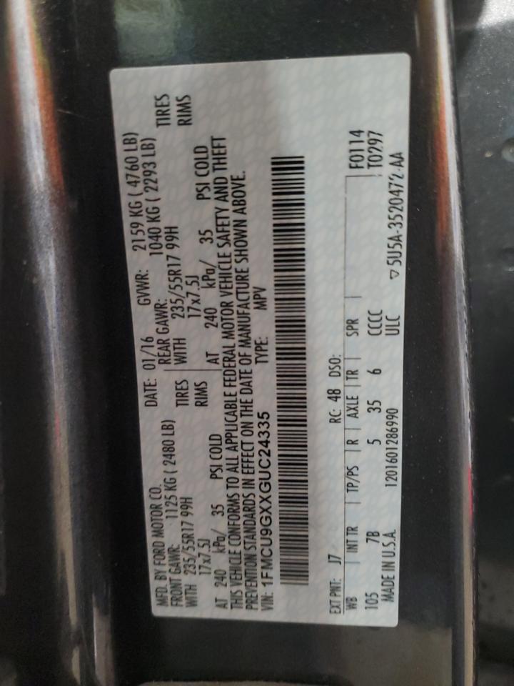 2016 Ford Escape VIN 1FMCU9GXXGUC24335 Copart auction photo, undercarriage damage thumbnail 13
