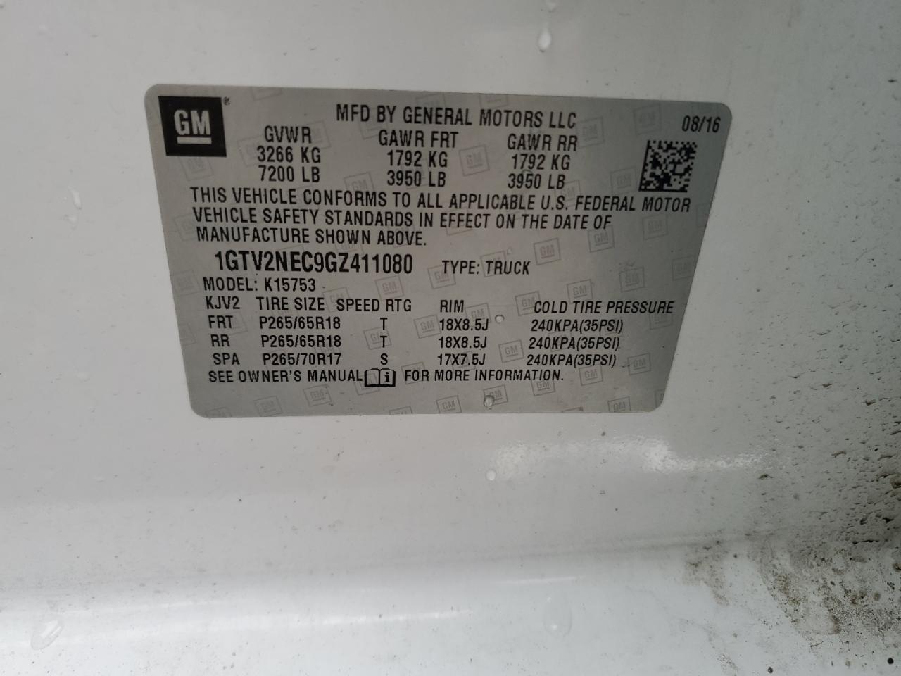2016 GMC Sierra VIN 1GTV2NEC9GZ411080 Copart auction photo, front end / side damage thumbnail 12