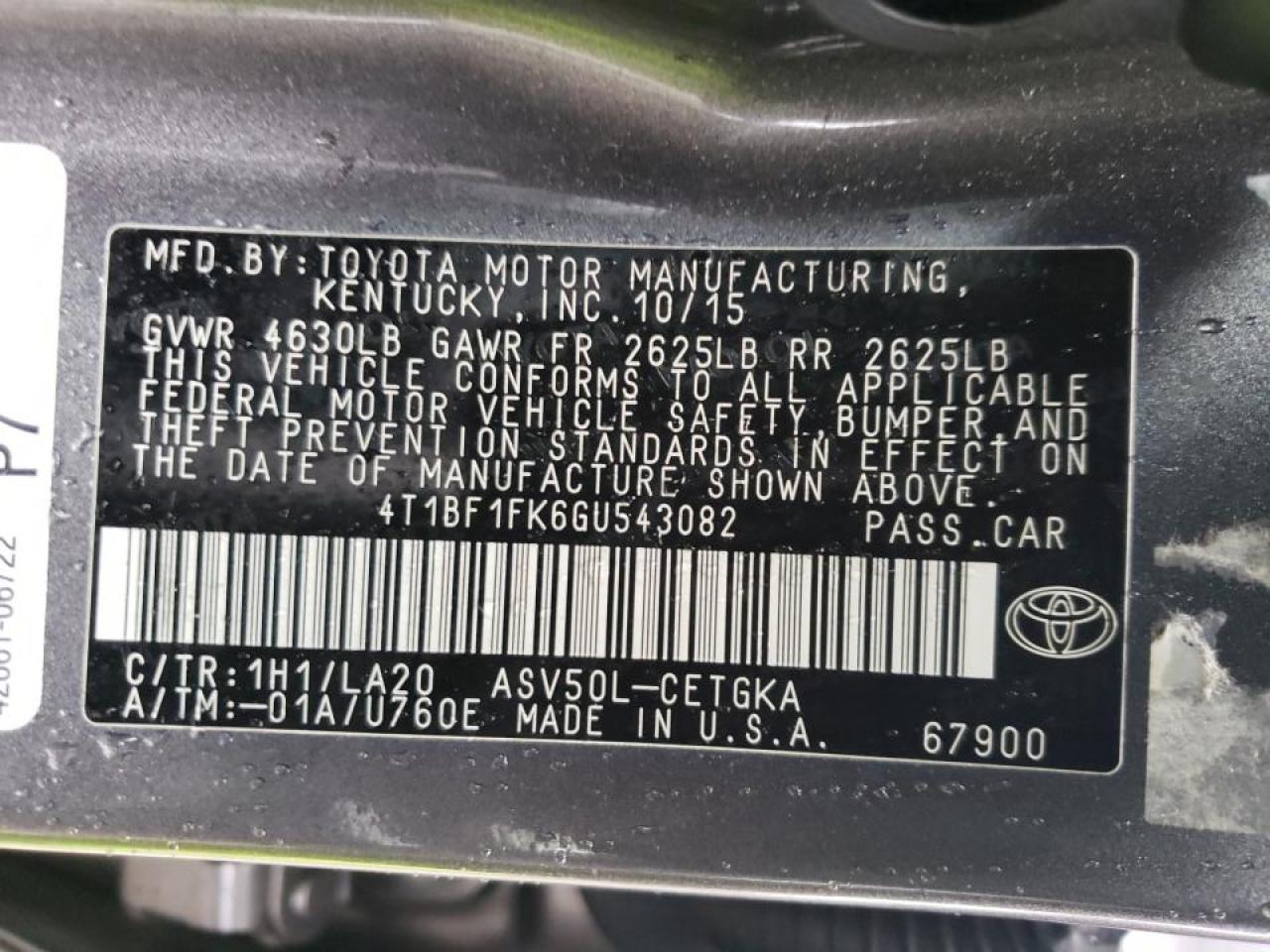 2016 Toyota Camry VIN 4T1BF1FK6GU543082 Copart auction photo, undercarriage / front end damage thumbnail 12