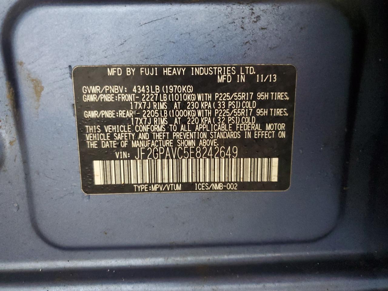 2014 Subaru XV VIN JF2GPAVC5E8242649 Copart auction photo, front end / rear end damage thumbnail 13
