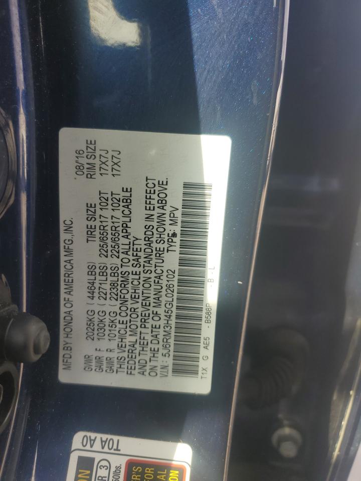 2016 Honda CR-V VIN 5J6RM3H45GL026102 Copart auction photo, rear end damage thumbnail 12