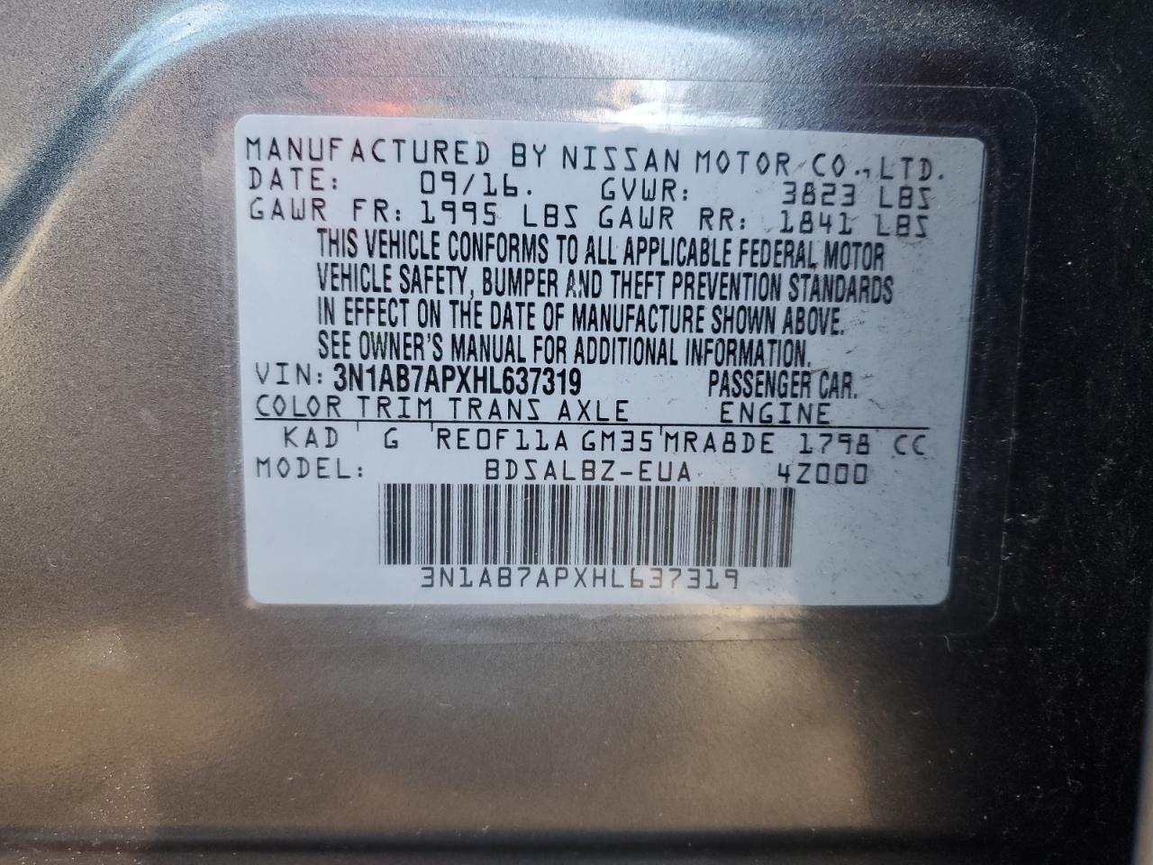 2017 Nissan Sentra VIN 3N1AB7APXHL637319 Copart auction photo, front end damage thumbnail 14