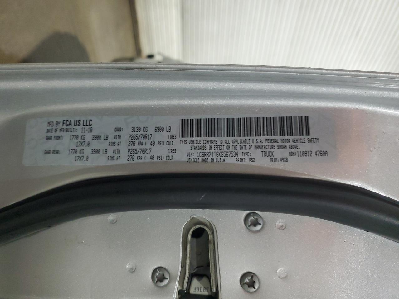 2019 RAM 1500 VIN 1C6RR7TT6KS567534 Copart auction photo, front end / rear end damage thumbnail 12