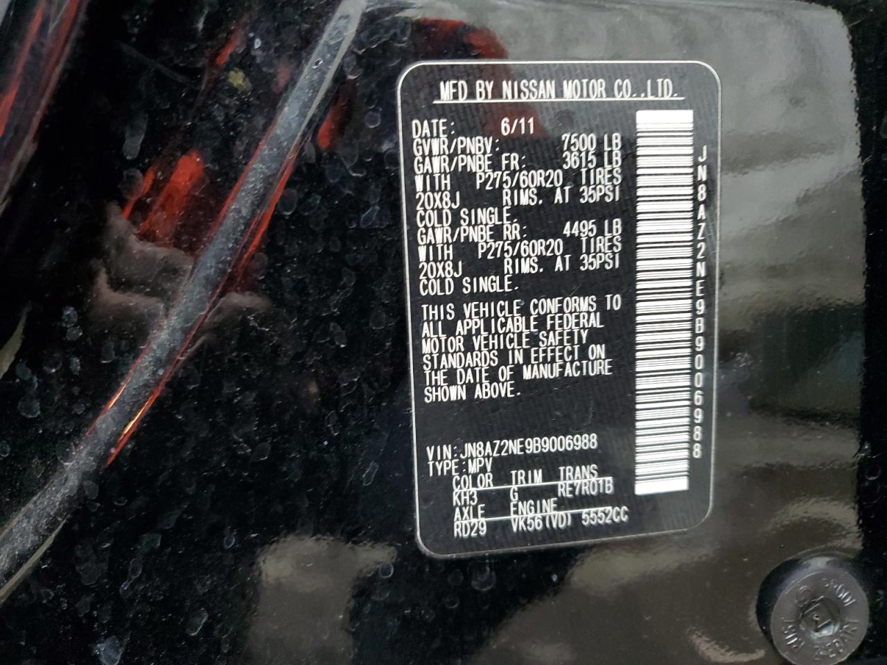 2011 Infiniti QX56 VIN JN8AZ2NE9B9006988 Copart auction photo, front end damage thumbnail 15