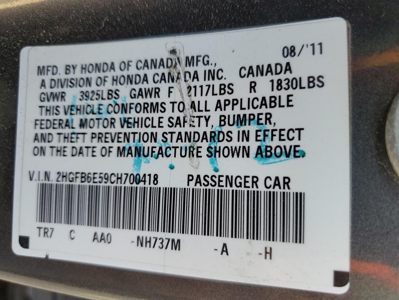 2012 Honda Civic VIN 2HGFB6E59CH700418 Copart auction photo, front end / minor dent/scratches damage thumbnail 12