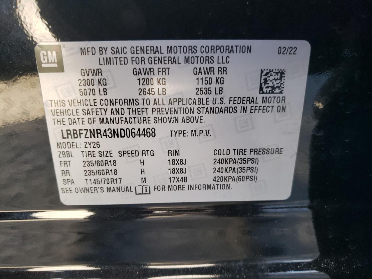 2022 Buick Envision VIN LRBFZNR43ND064468 Copart auction photo, top/roof damage thumbnail 13