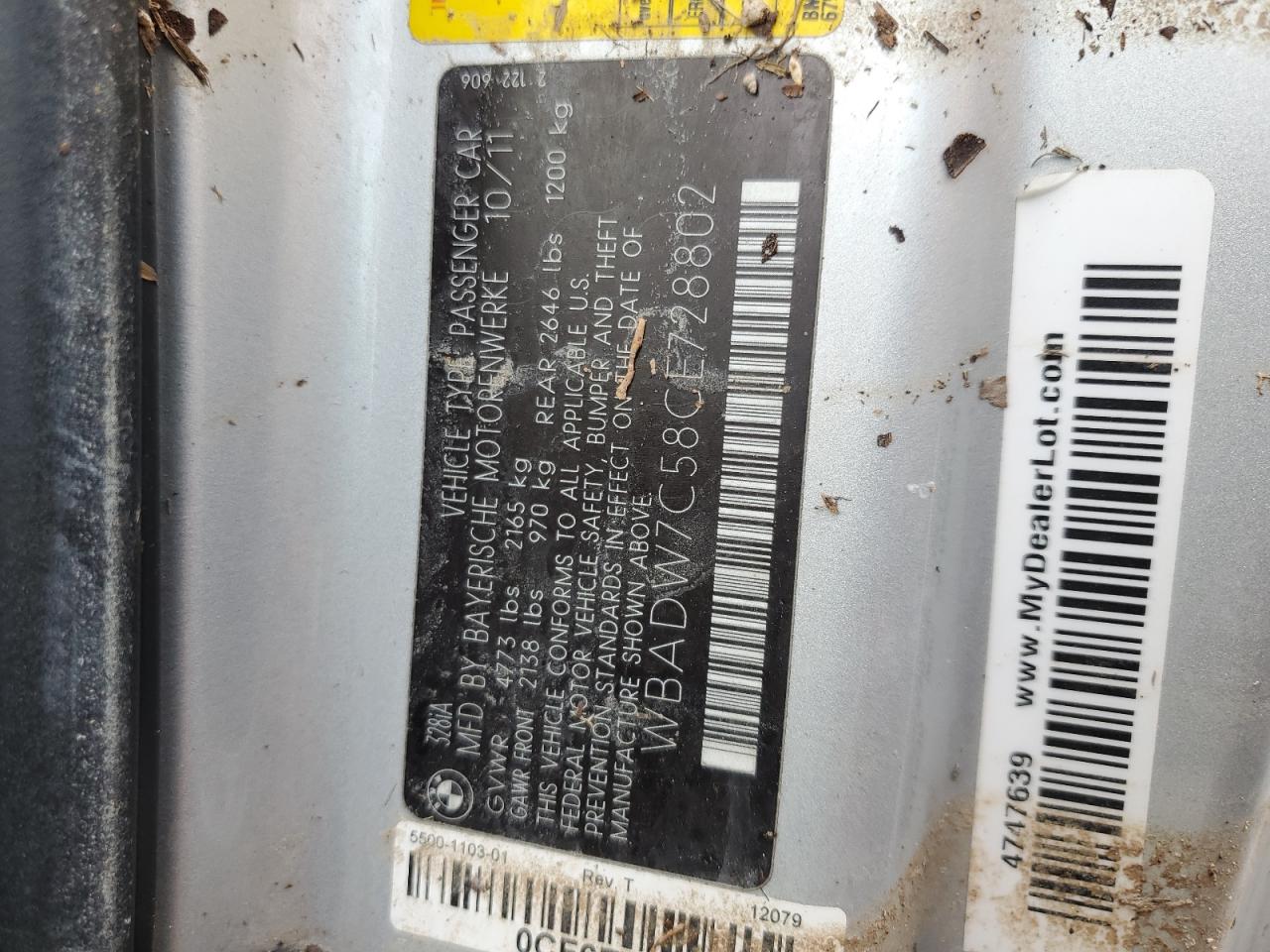 2012 BMW 3er VIN WBADW7C58CE728802 Copart auction photo, water/flood damage thumbnail 13