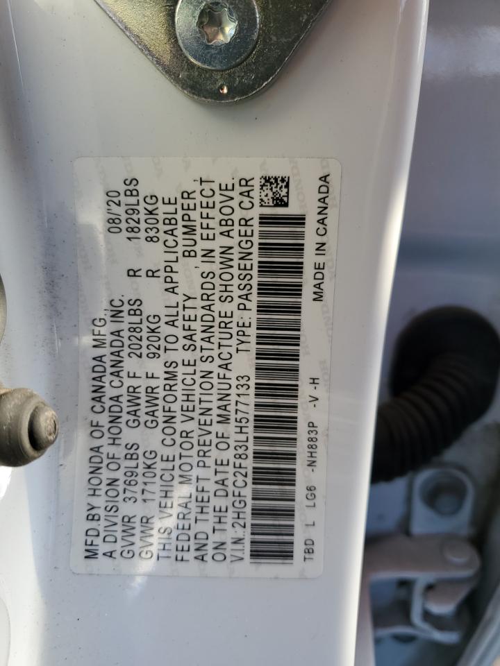 2020 Honda Civic VIN 2HGFC2F83LH577133 Copart auction photo, front end damage thumbnail 14