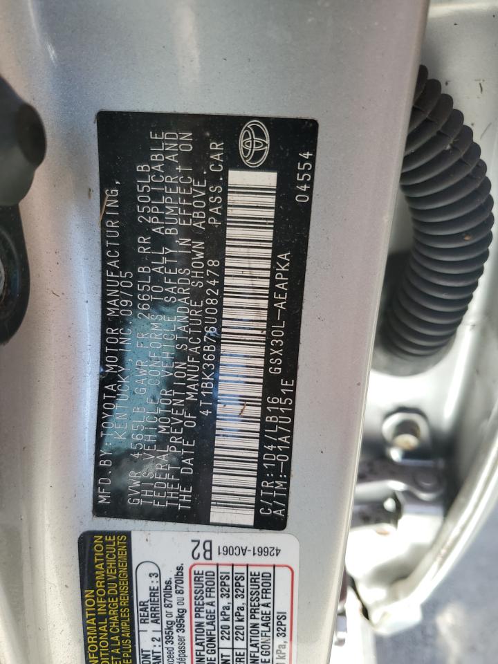 2006 Toyota Avalon VIN 4T1BK36B76U082478 Copart auction photo, water/flood damage thumbnail 13