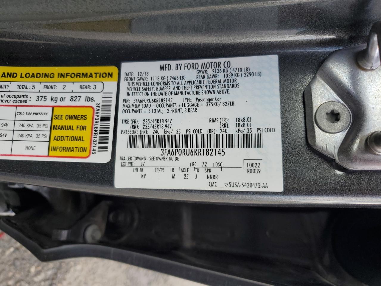 2019 Ford Fusion VIN 3FA6P0RU6KR182145 Copart auction photo, rear end damage thumbnail 13