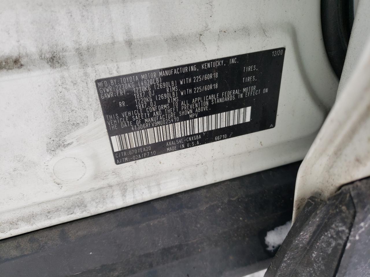 2021 Toyota RAV 4 VIN 4T3D6RFV9MU025410 Copart auction photo, front end damage thumbnail 14