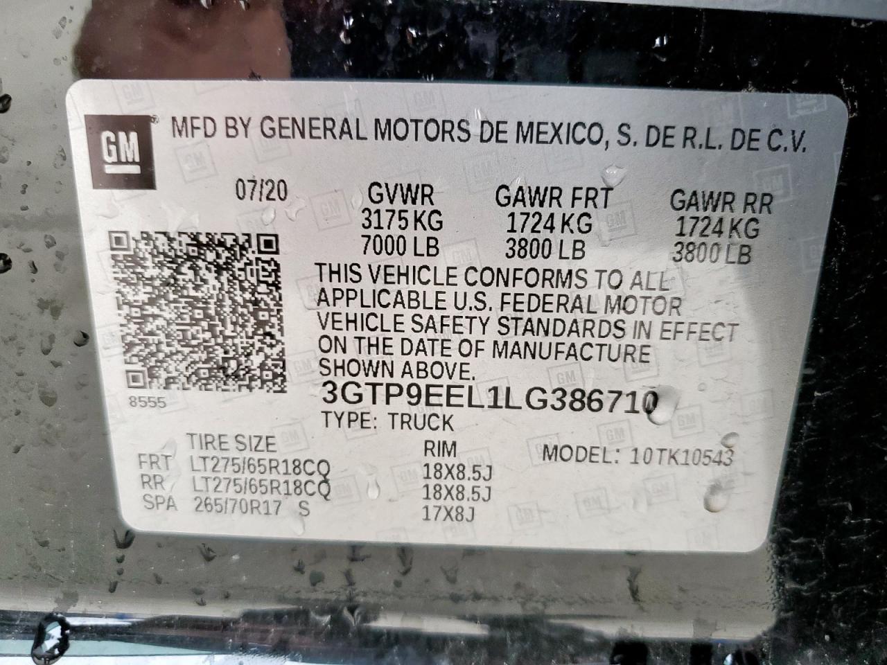 2020 GMC Sierra VIN 3GTP9EEL1LG386710 Copart auction photo, side / undercarriage damage thumbnail 12