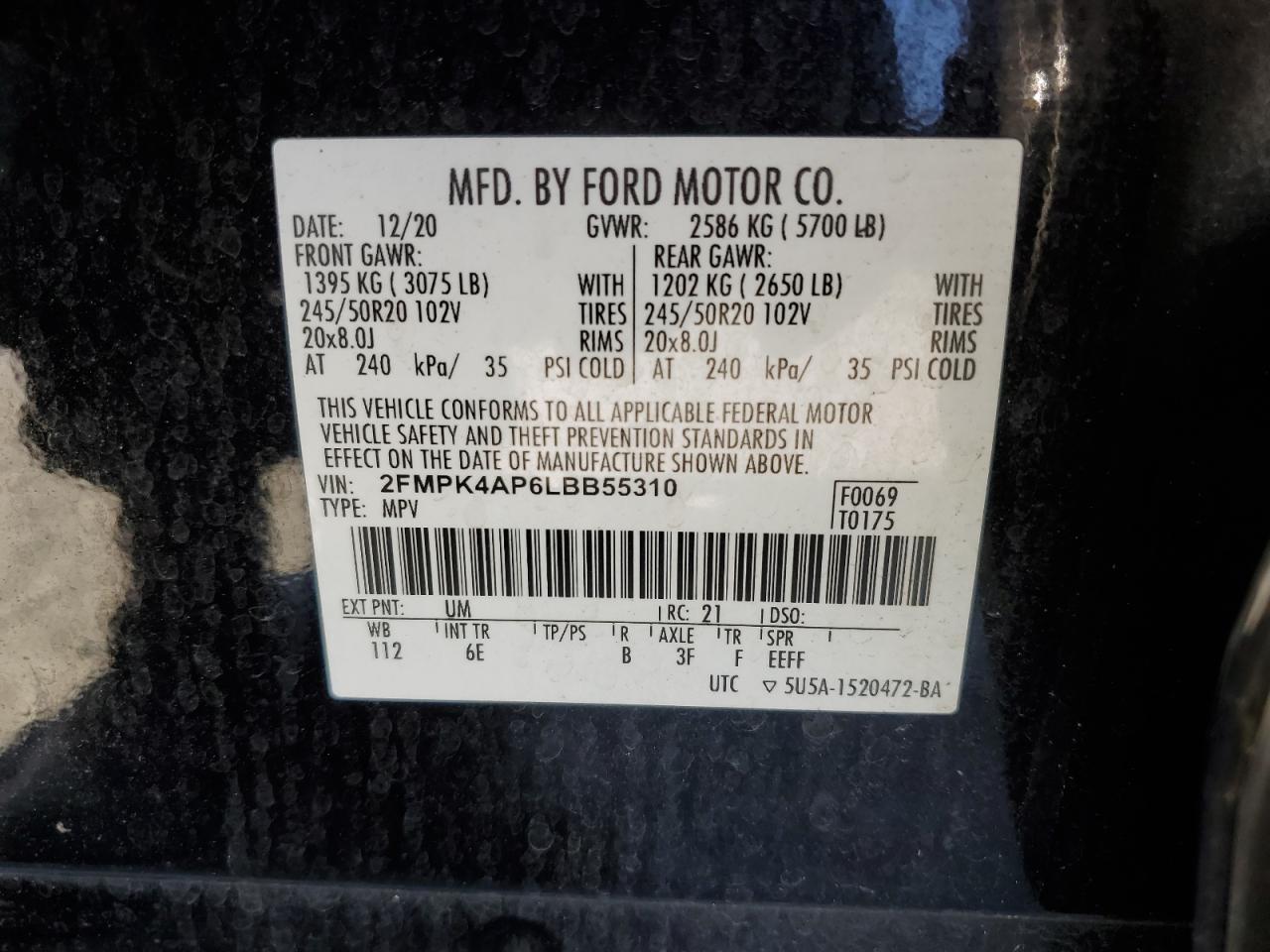 2020 Ford Edge VIN 2FMPK4AP6LBB55310 Copart auction photo, top/roof damage thumbnail 12