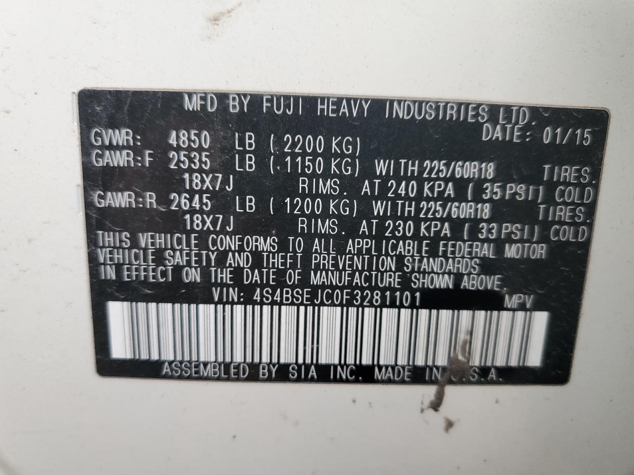 2015 Subaru Outback VIN 4S4BSEJC0F3281101 Copart auction photo, front end / side damage thumbnail 14