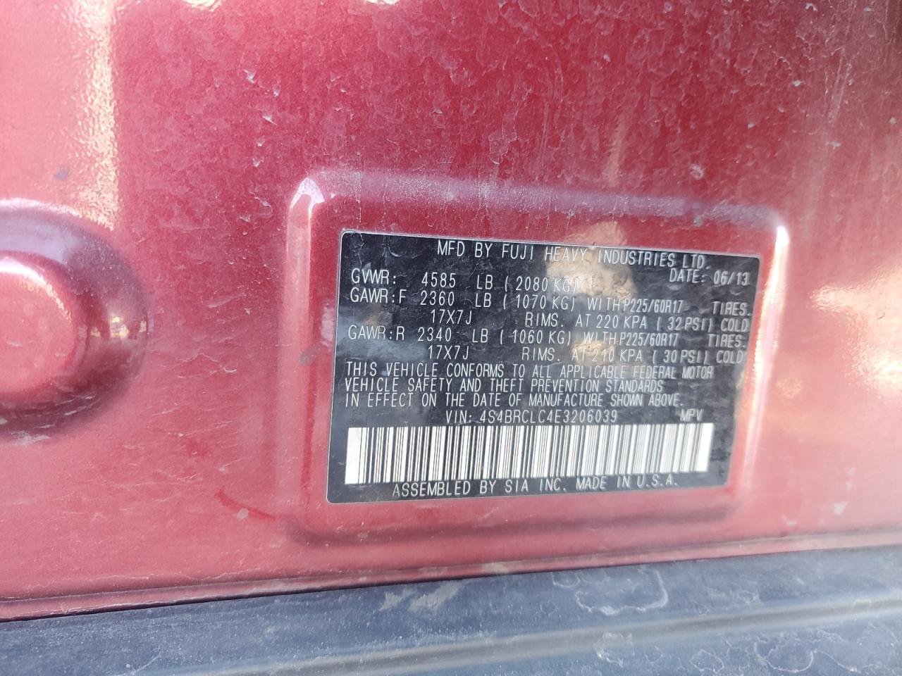 2014 Subaru Outback VIN 4S4BRCLC4E3206039 Copart auction photo, rear end damage thumbnail 14