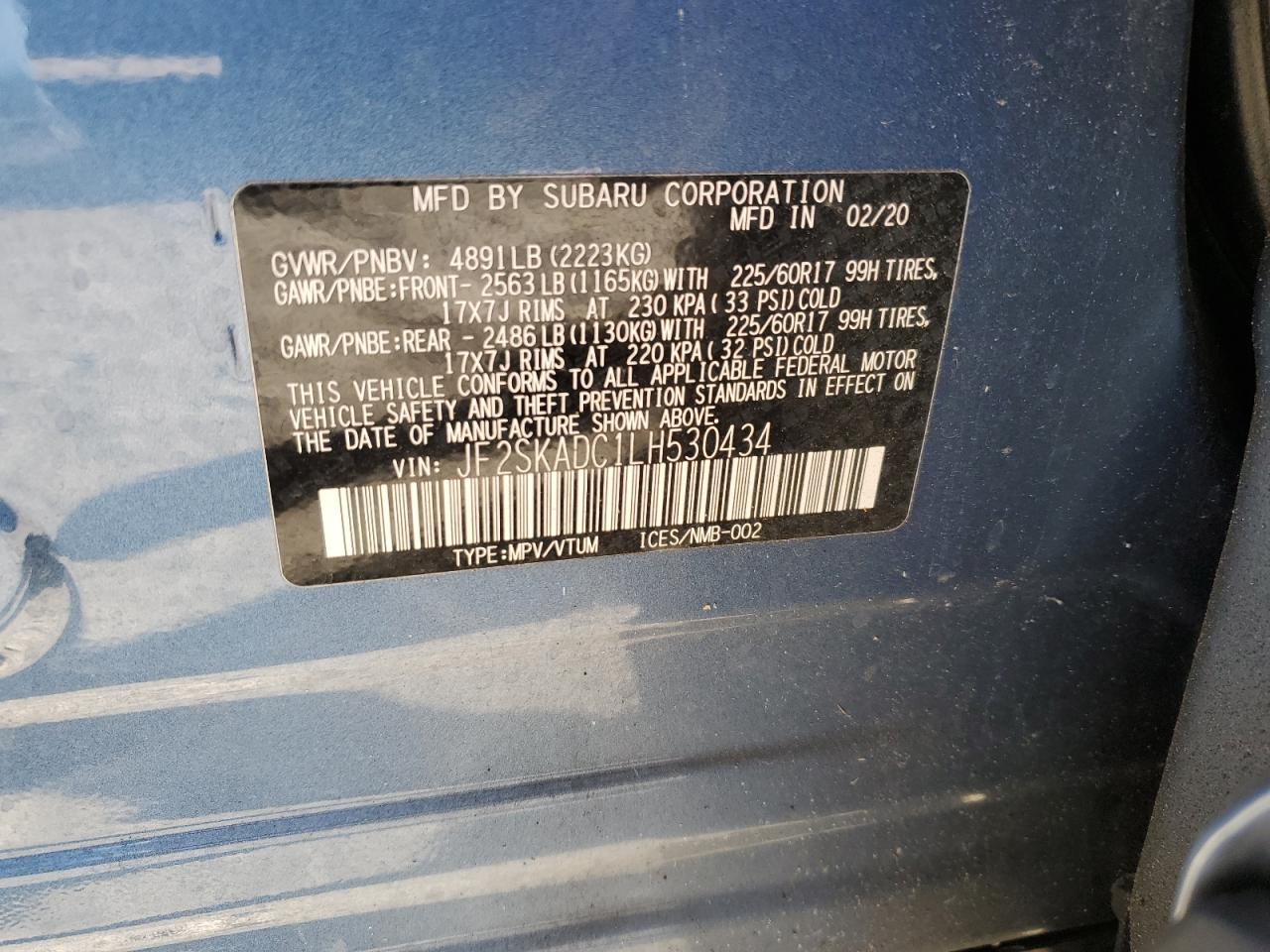 2020 Subaru Forester VIN JF2SKADC1LH530434 Copart auction photo, rear end / front end damage thumbnail 13