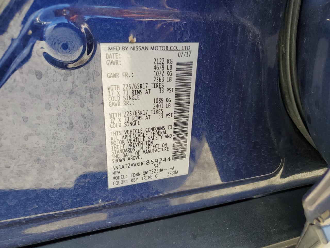 2017 Nissan Rogue VIN 5N1AT2MVXHC859244 Copart auction photo, side / front end damage thumbnail 13