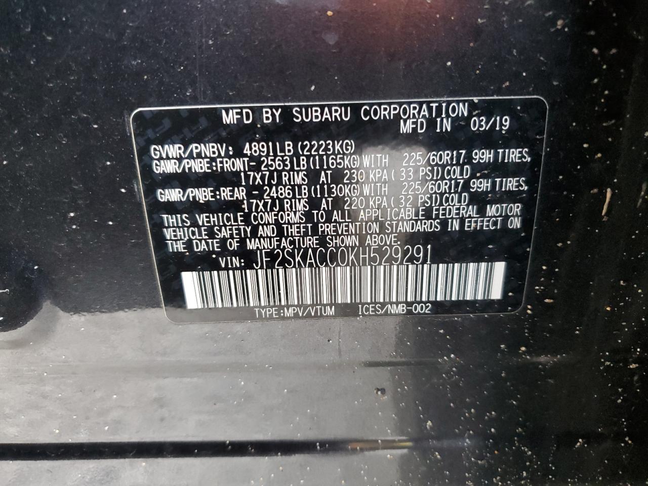 2019 Subaru Forester VIN JF2SKACC0KH529291 Copart auction photo, all over damage thumbnail 13