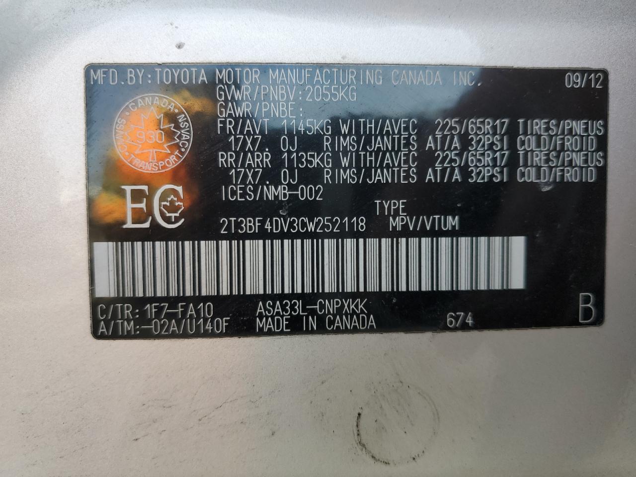 2012 Toyota RAV 4 VIN 2T3BF4DV3CW252118 Copart auction photo, rear end / side damage thumbnail 14